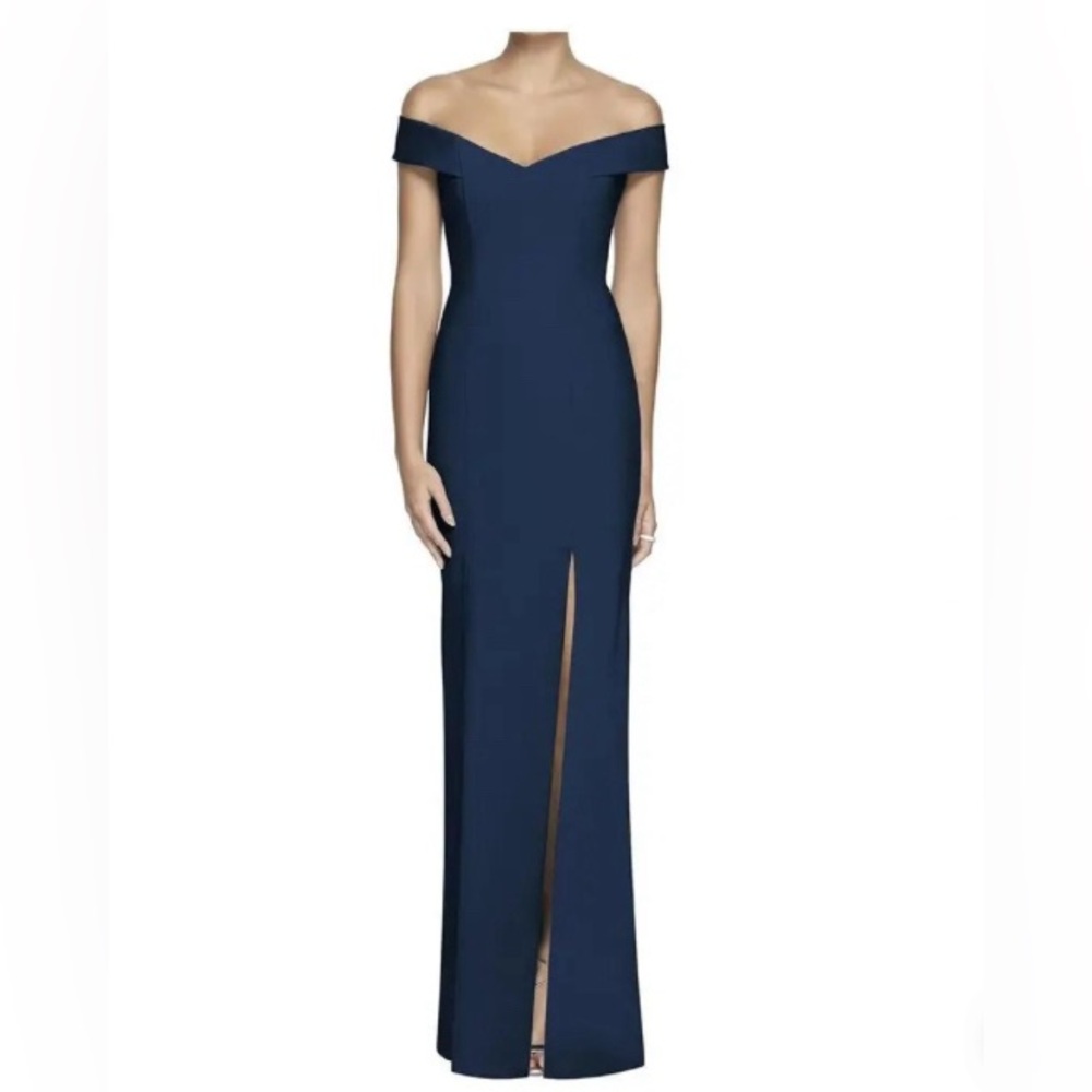 Dessy Collection Vivian Diamond Navy Off The Shoulder Formal Dress